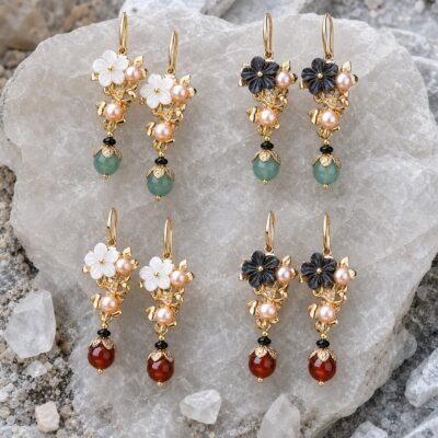 Jade Drop Earrings with carved shell blossom and freshwater pearls