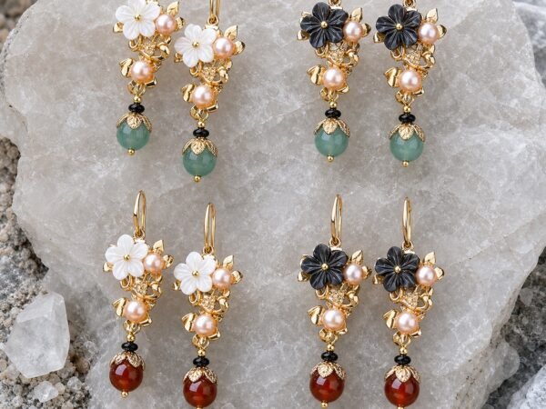 Jade Drop Earrings with carved shell blossom and freshwater pearls