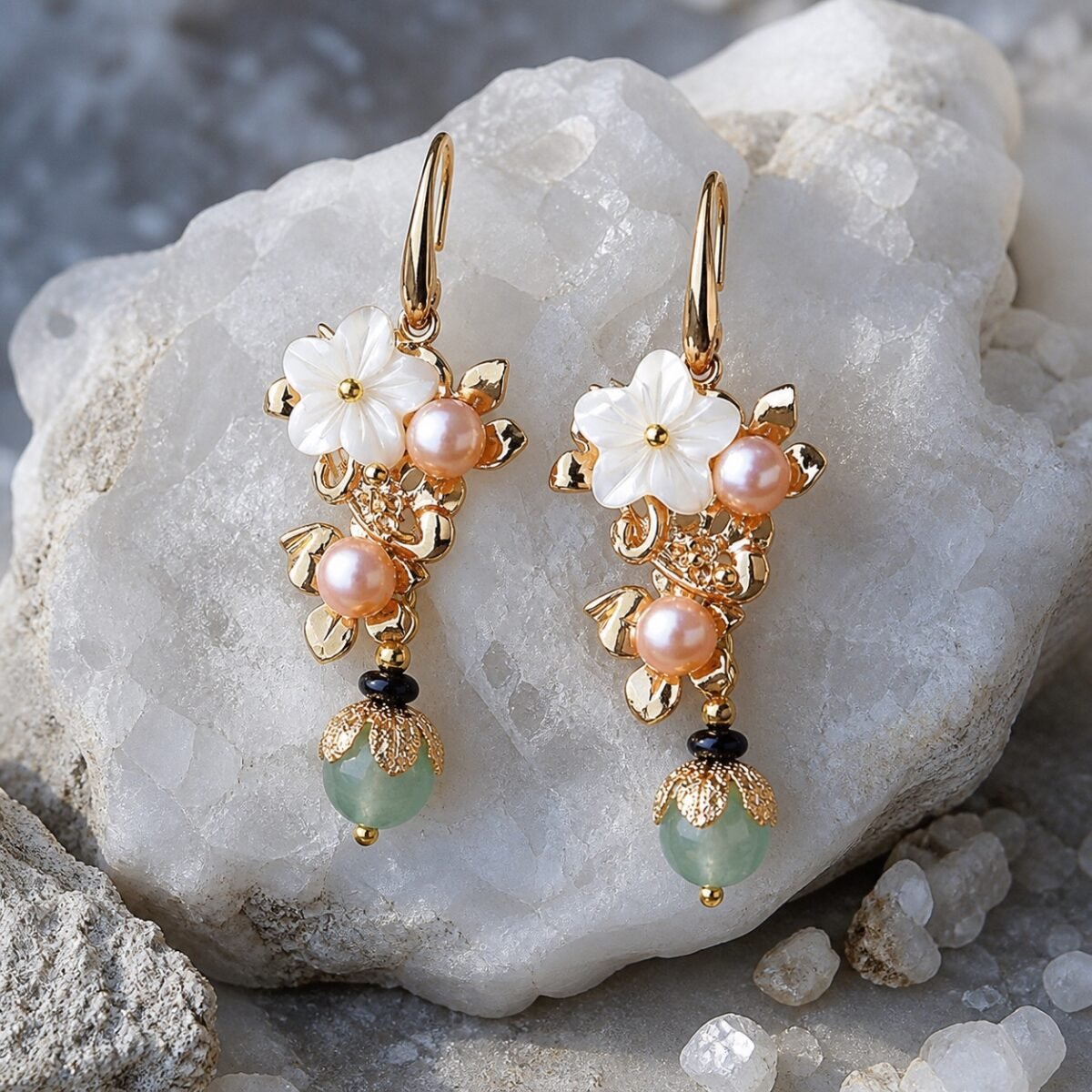 Wisteria Bloom Pearl & Jade Drop Earrings