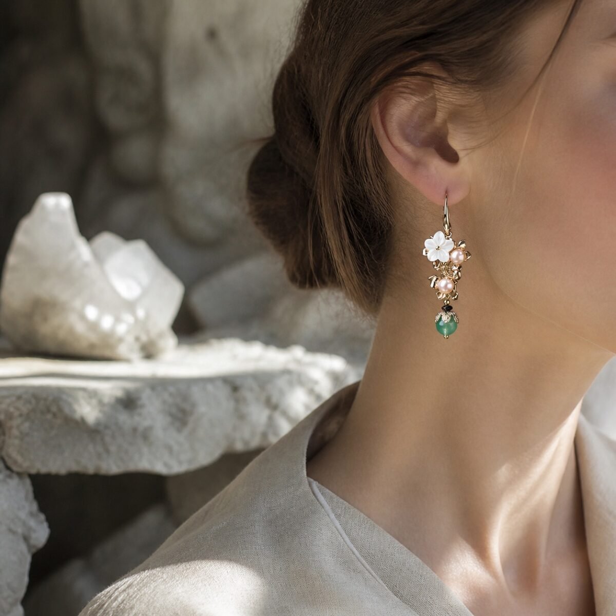Wisteria Bloom Pearl & Jade Drop Earrings