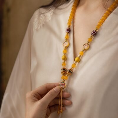 yellow-agate-thangka-wealth-pendant-chain-03-wearing-angle Yellow Agate Thangka Wealth Pendant Chain