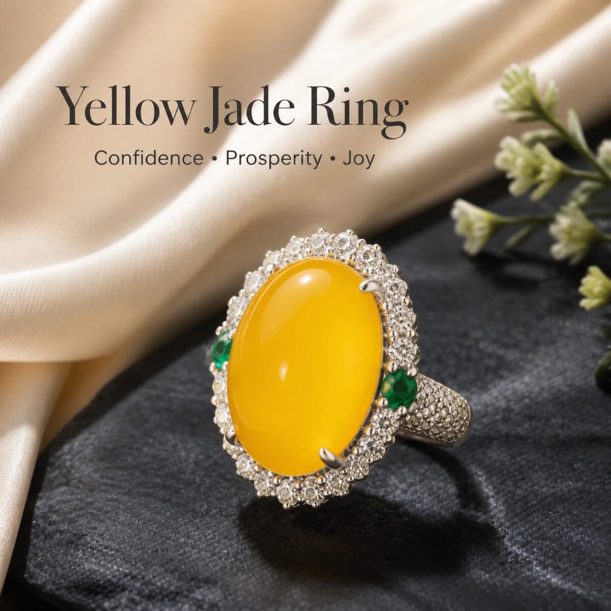 Yellow Jade Confidence Ring with an oval yellow cabochon, pale accent-stone halo and metal band against a dark floral backdrop.