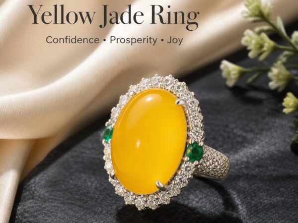Yellow Jade Confidence Ring with an oval yellow cabochon, pale accent-stone halo and metal band against a dark floral backdrop.