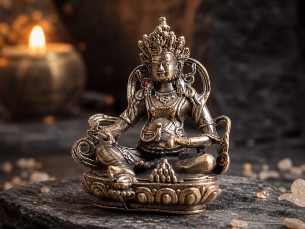 Yellow Jambhala statue in solid brass on a lotus base