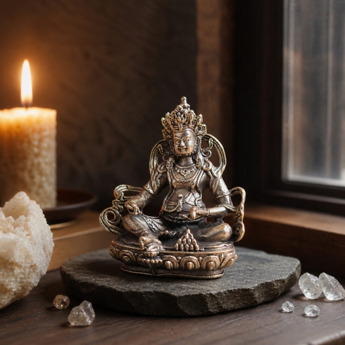 yellow-jambhala-brass-wealth-deity-statue-02-altar Yellow Jambhala Brass Wealth Deity Statue