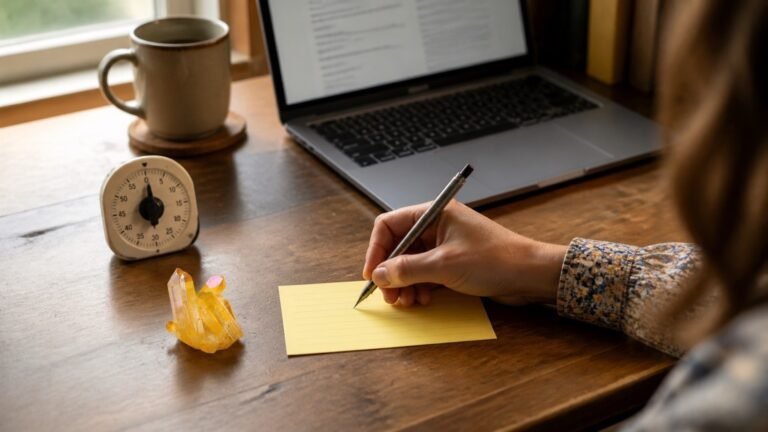 A person writes one practical task on a yellow card beside a yellow crystal and a 25-minute timer