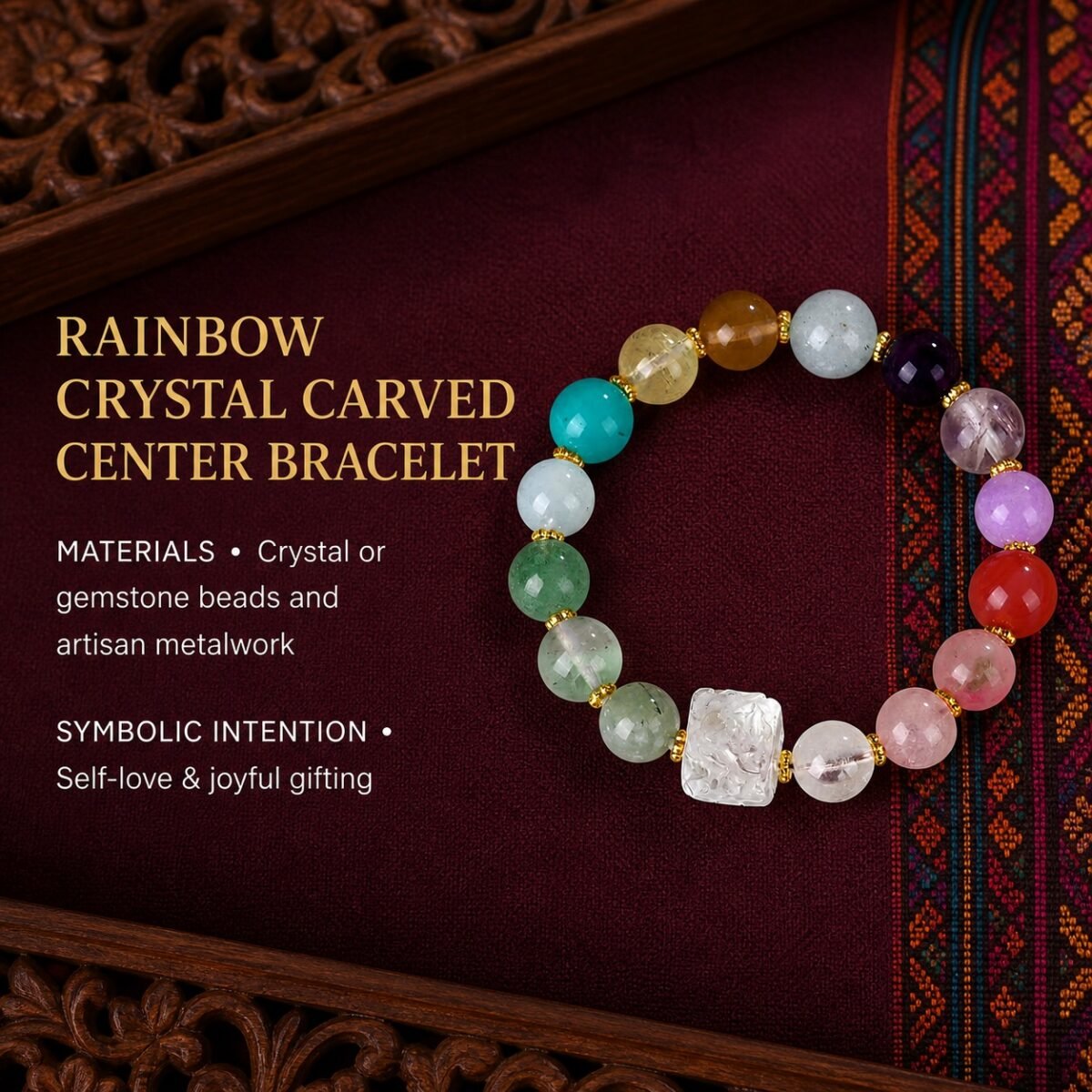 Nine-Tailed Fox Bracelet with rainbow gemstones and carved clear quartz fox centerpiece