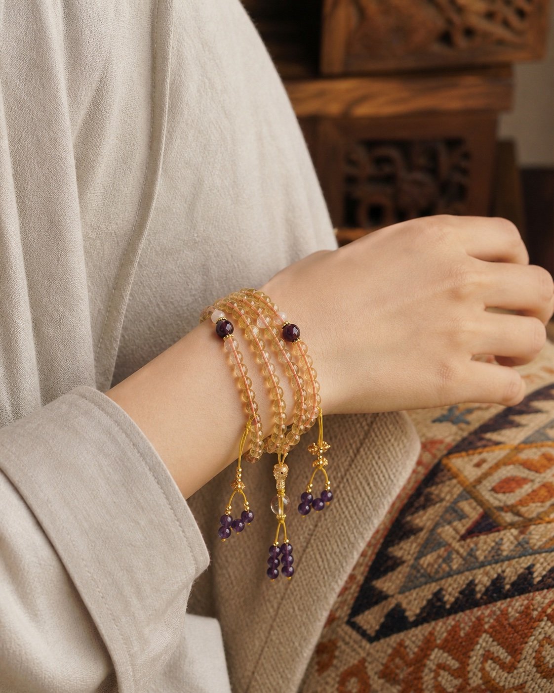 z2006005-citrine-amethyst-108-bead-mala-02 Golden Quartz & Amethyst 108-Bead Mala Bracelet & Necklace