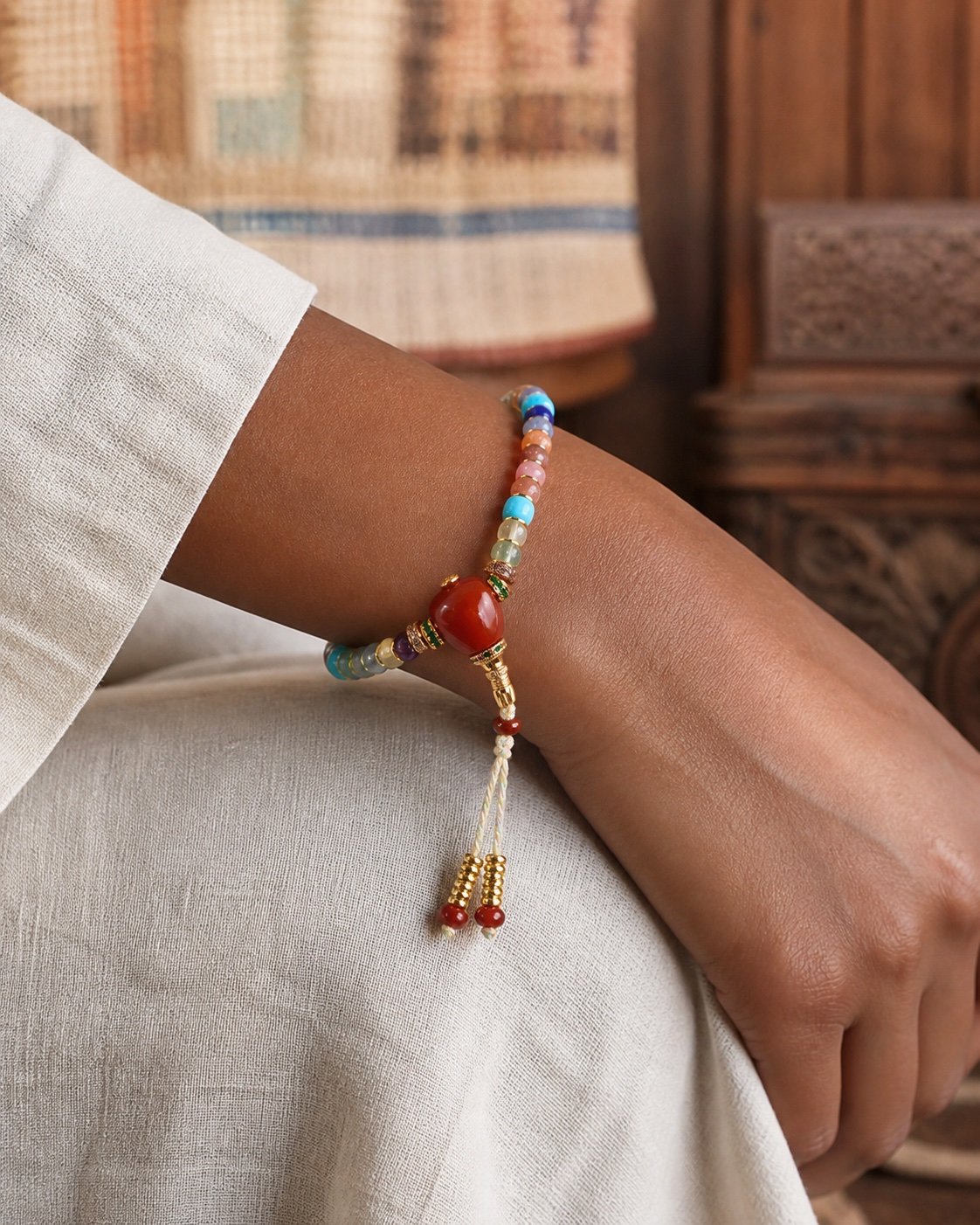 Prayer Bracelet with Red Agate Guru Bead and Multigem Stones