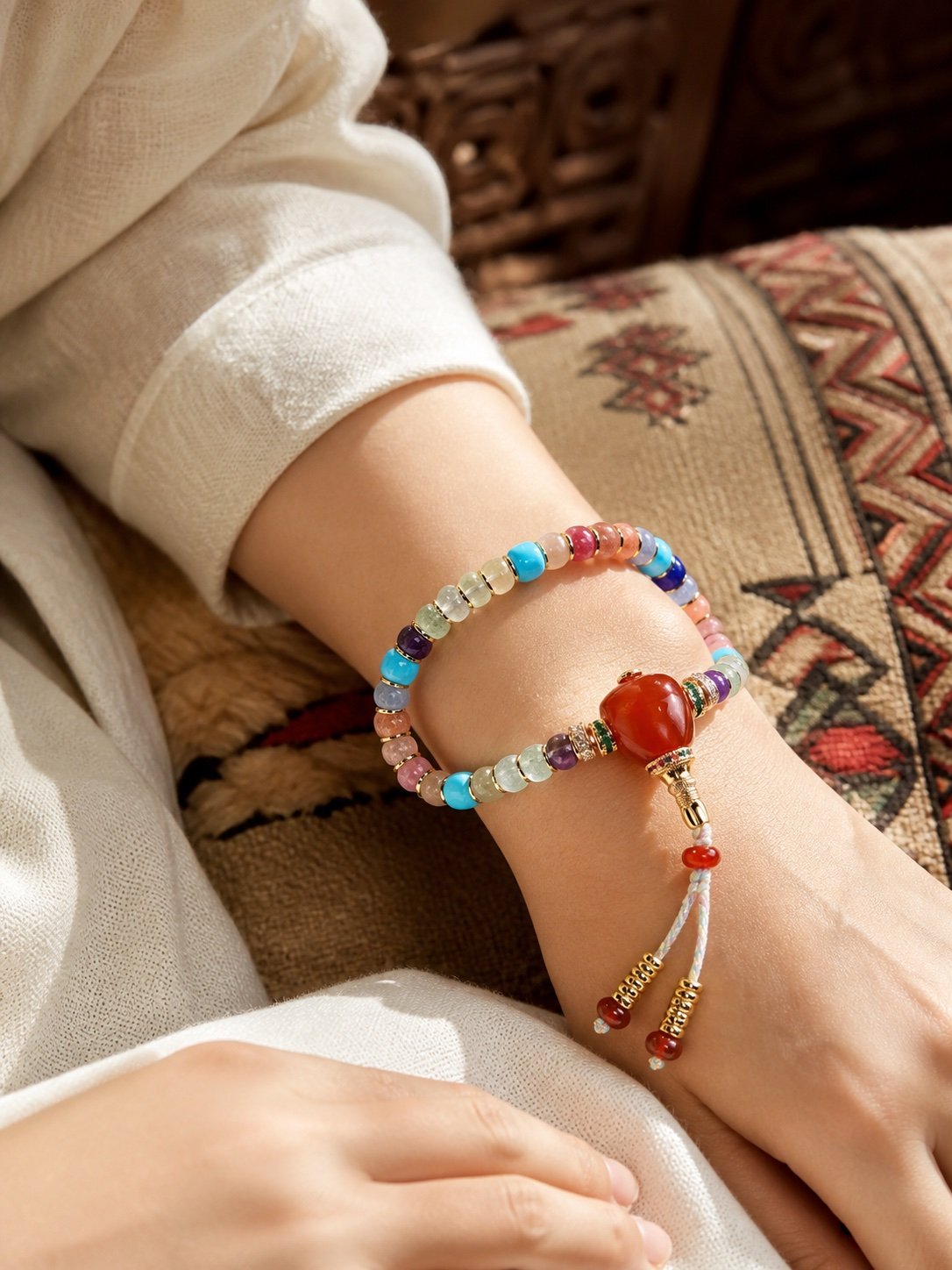 Tibetan Multigemstone Prayer Bracelet
