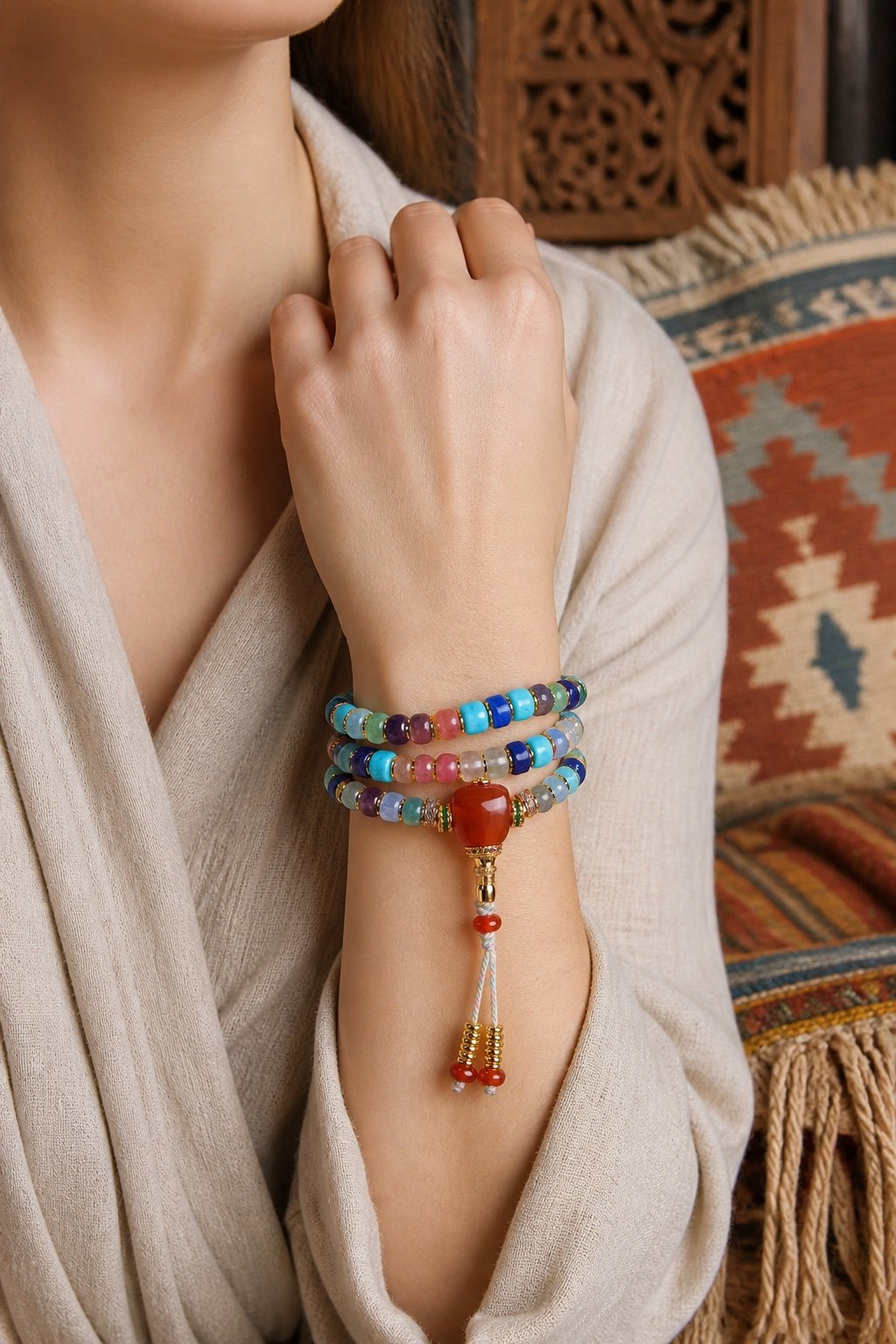 Himalayan Multigem Guru Mala — Triple-Wrap Bracelet & Meditation Necklace