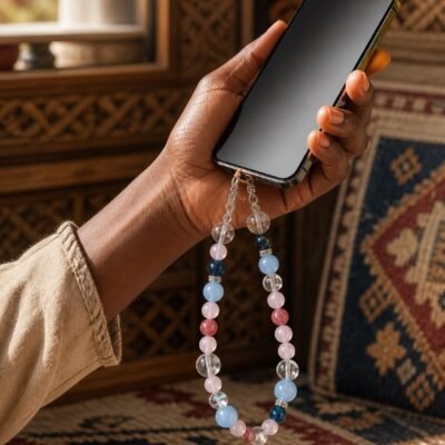 Crystal Phone Wristlet with blue, clear, and rose gemstone beads