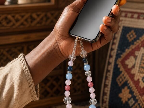 Crystal Phone Wristlet with blue, clear, and rose gemstone beads