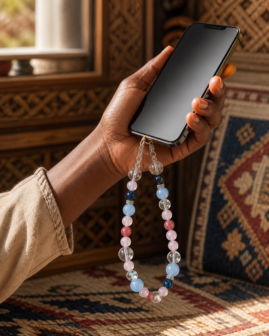 Crystal Phone Wristlet with blue, clear, and rose gemstone beads