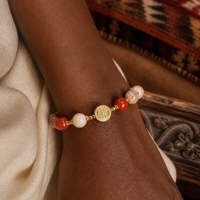 z22058051-red-stone-dharma-wheel-charm-bracelet-01 Red Stone Dharma Wheel Intention Bracelet