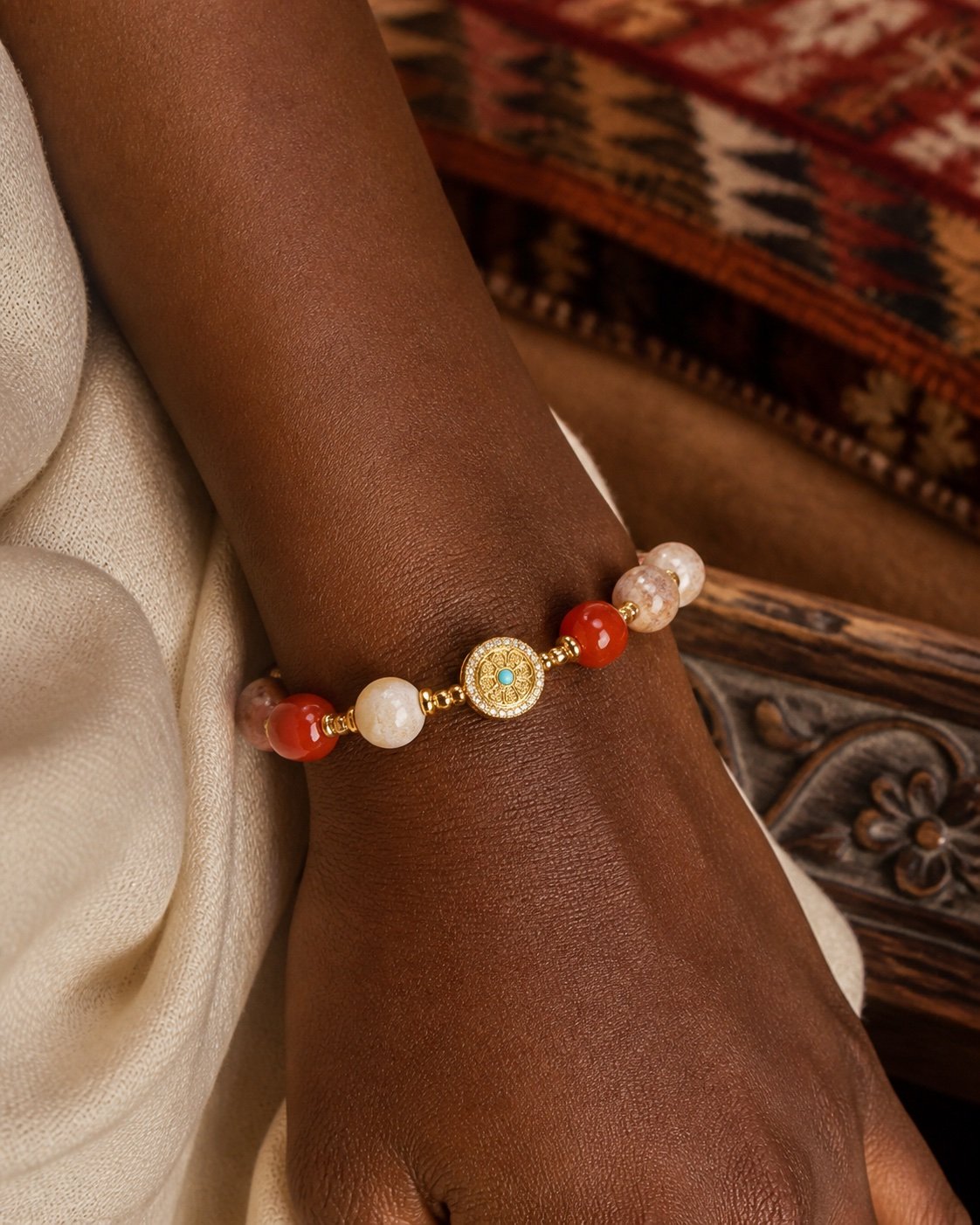 z22058051-red-stone-dharma-wheel-charm-bracelet-01 Red Stone Dharma Wheel Intention Bracelet