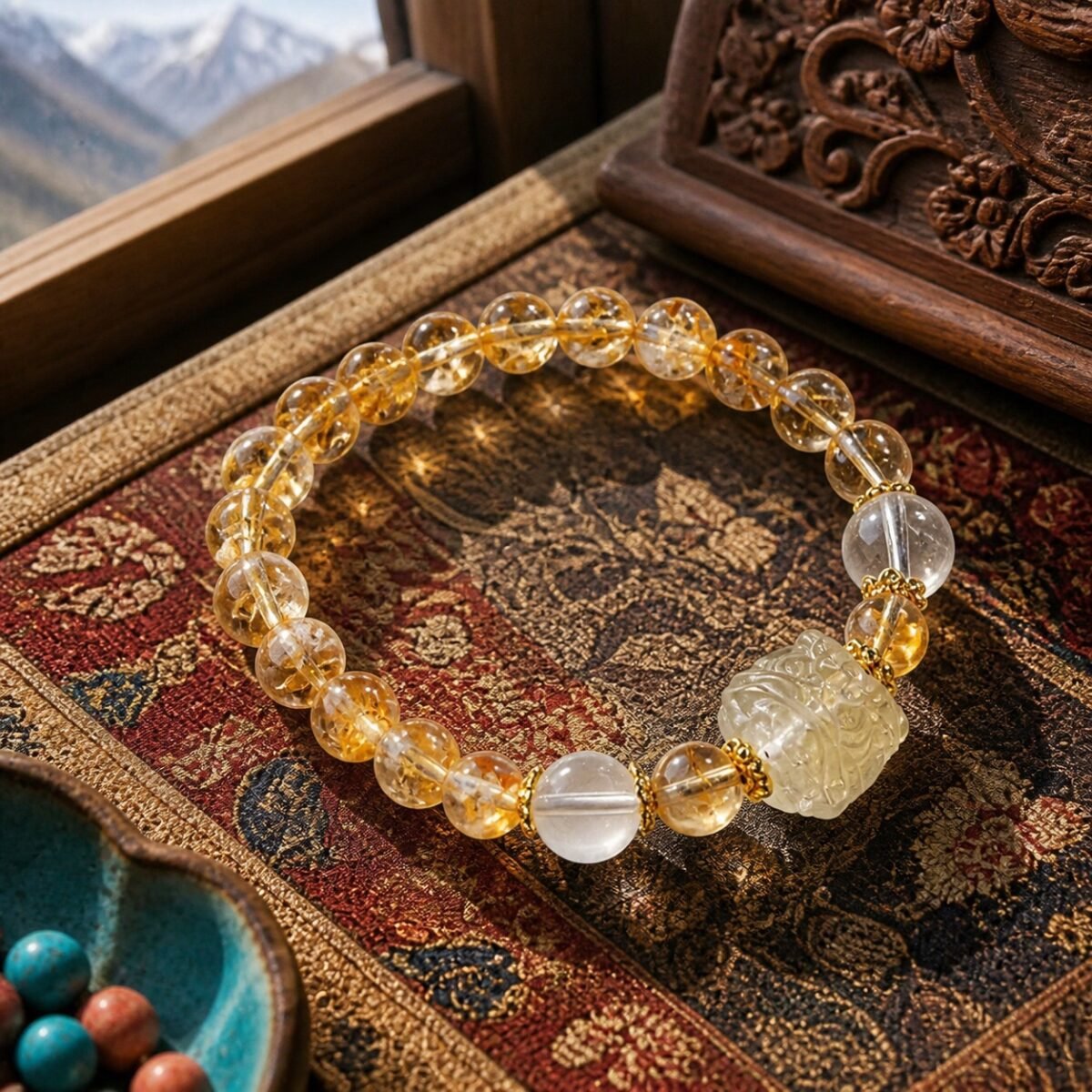 Clear Crystal Carved Guardian Lion Bracelet