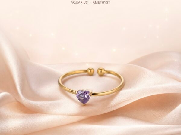 February Amethyst Birthstone Heart Ring – Gold