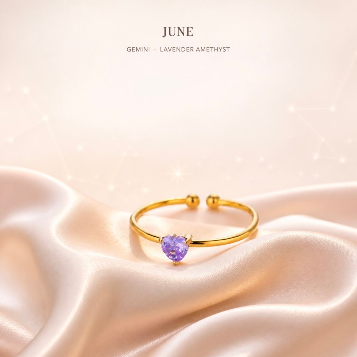 June lavender heart ring with pale lavender decorative center and gold-tone open band