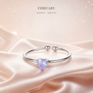 Silver Birthstone Heart Rings - February