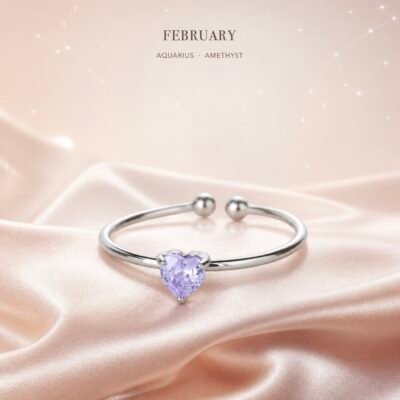 February Amethyst Birthstone Heart Ring – Silver