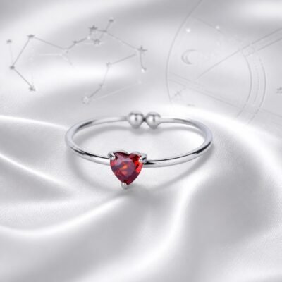 January Garnet Birthstone Heart Ring – Silver