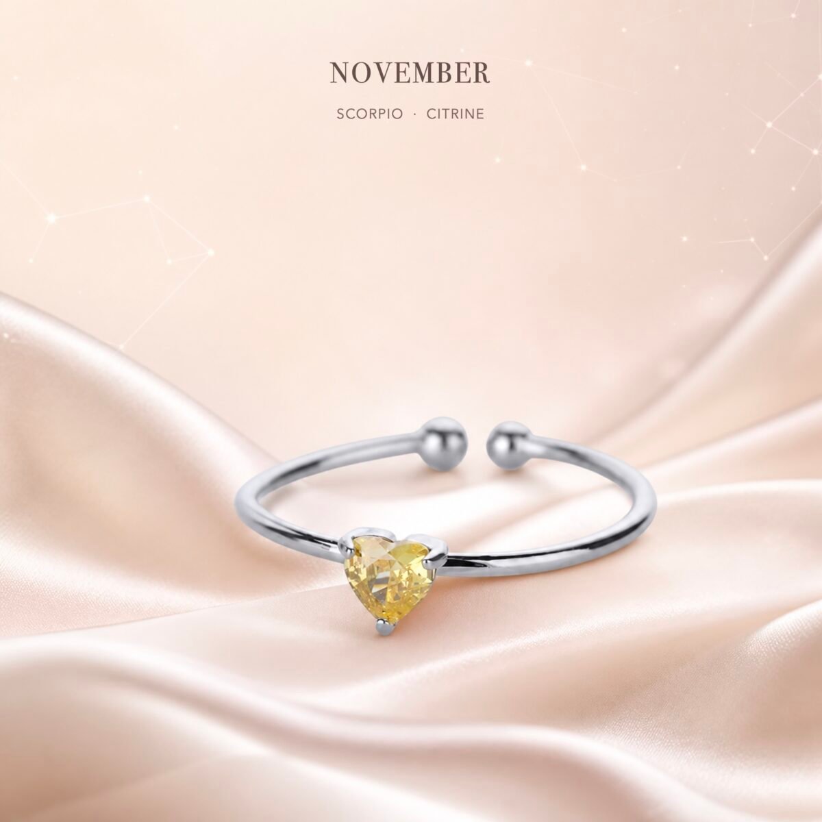 November citrine birthstone heart ring in silver-tone finish
