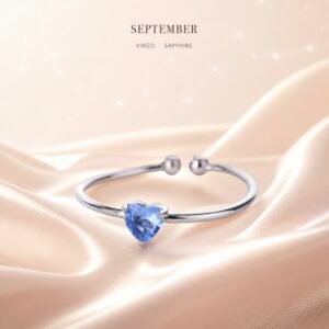 September sapphire heart ring on silver-tone adjustable band