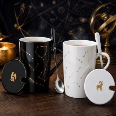 Zodiac Ceramic Mug Set with gold-fired constellation design, ceramic lid, and spoon