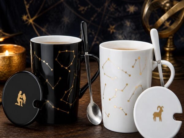 zodiac-constellation-ceramic-mug-sets-01-black-white-collection Zodiac Ceramic Mug Set with gold-fired constellation design, ceramic lid, and spoon