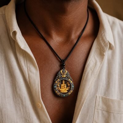 zodiac-guardian-deity-rotating-amulet-necklace-04-worn-dark-skin Eastern Zodiac Guardian Deity Rotating Amulet Necklace