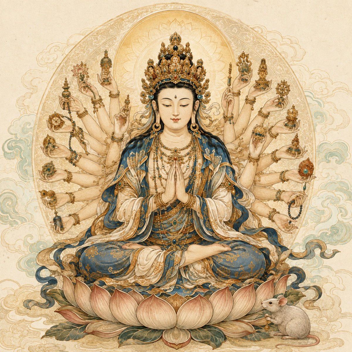 Chinese zodiac guardian Buddha Avalokiteshvara with a rat symbol