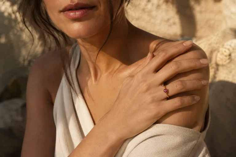 Woman wearing a gold heart-shaped garnet birthstone ring in an editorial pose
