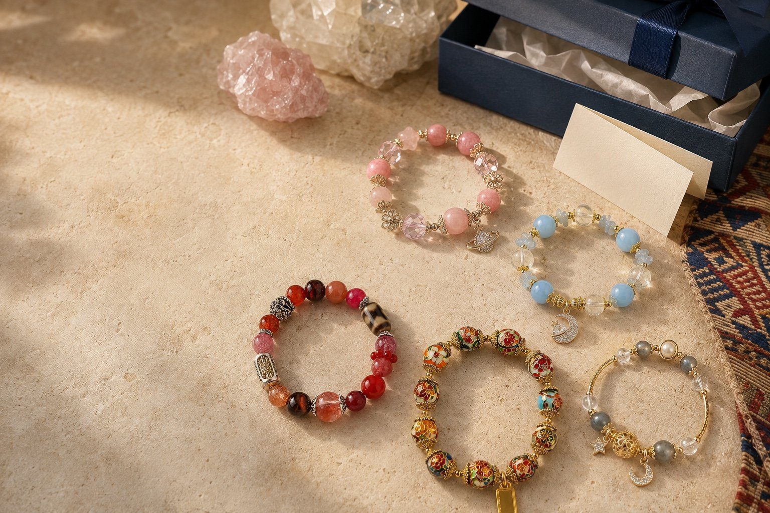 Five crystal bracelets arranged as distinct gifts with mineral specimens and a deep blue gift box