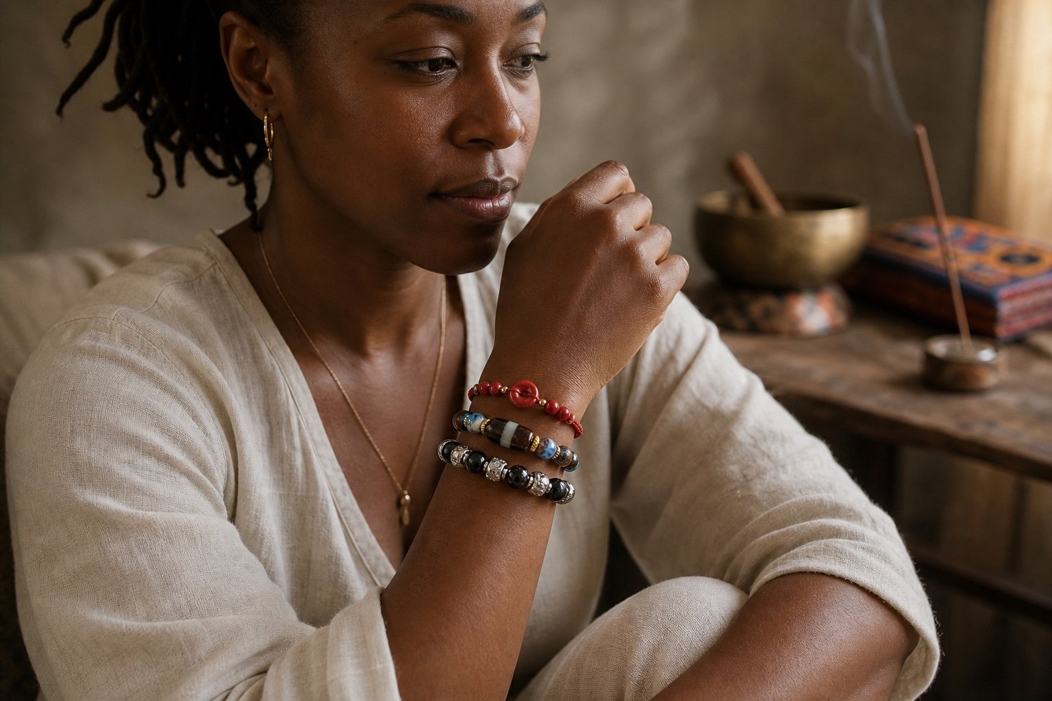Black woman wearing a red cord, contemporary Dzi, and black obsidian bracelet stack in a quiet meditation corner