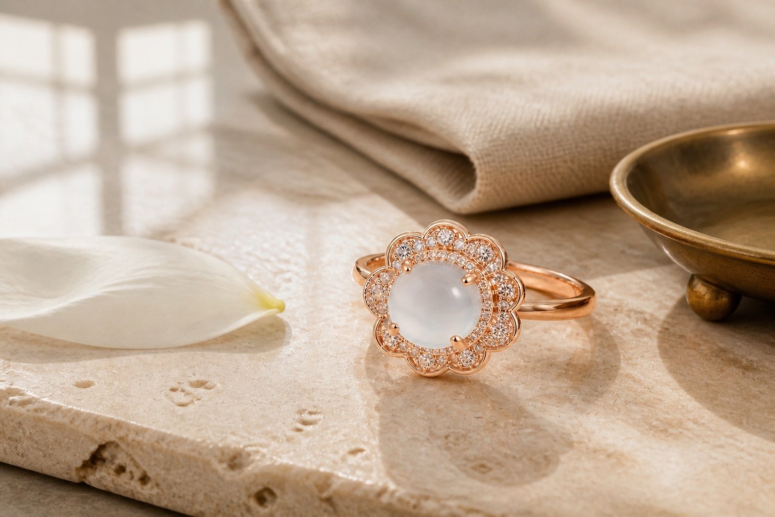 White jade blossom ring for a peach white and rose gold jewelry palette