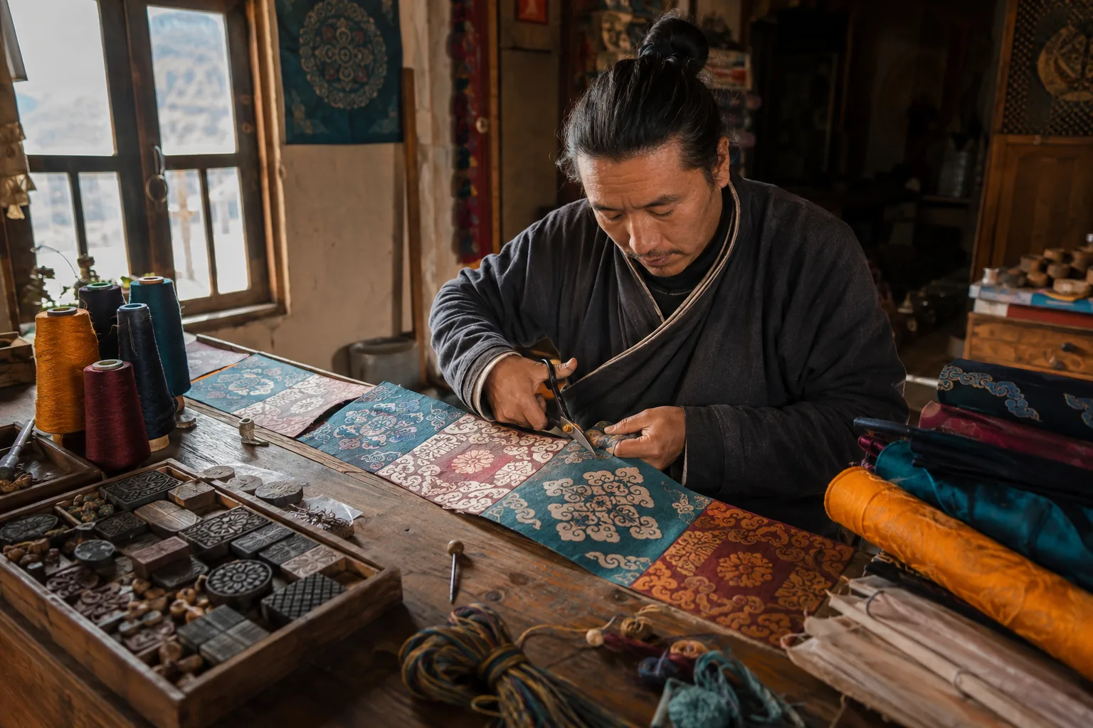 Artisan working with patterned textile panels in a sunlit studio