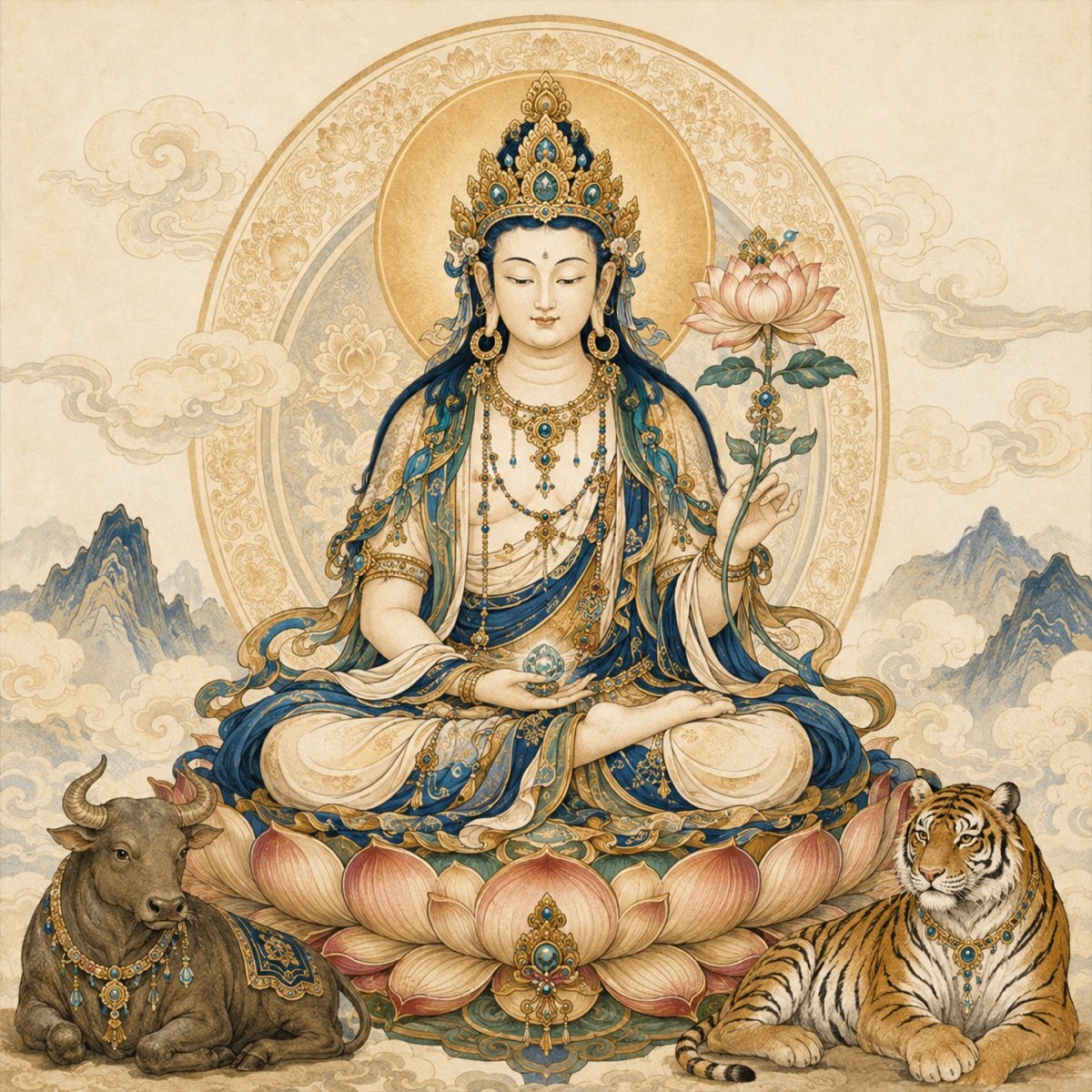 Original illustration of Akashagarbha with ox and tiger symbols
