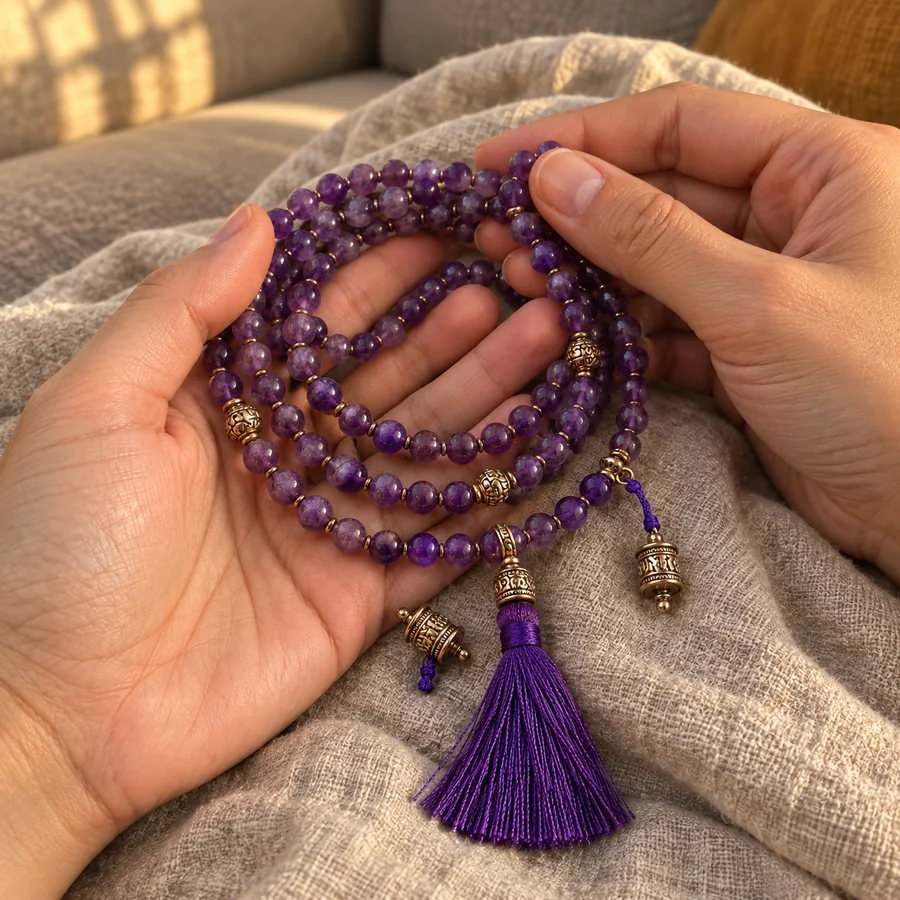 Styled customer scene featuring Amethyst Prayer Wheel 108-Bead Mala