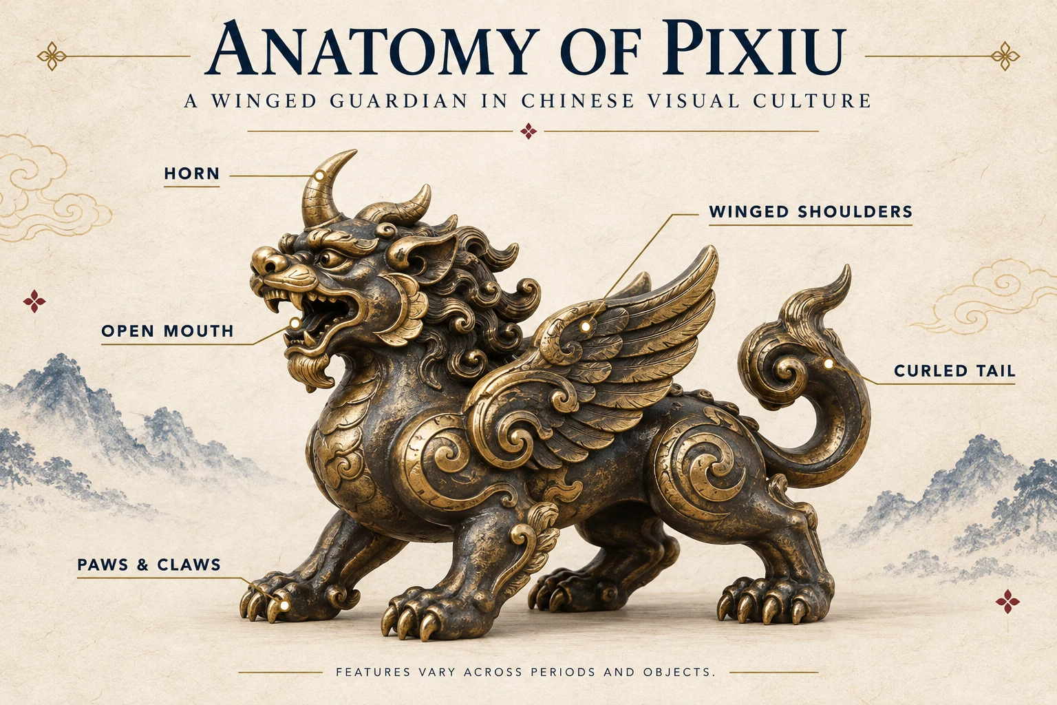 Anatomy of Pixiu infographic labeling the horn, open mouth, winged shoulders, paws and claws, and curled tail