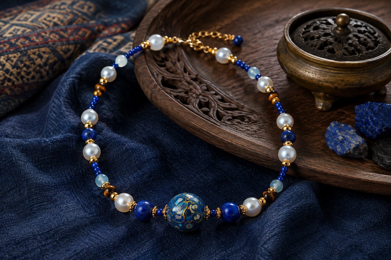 Pearl and lapis necklace for a blue white and gold jewelry palette