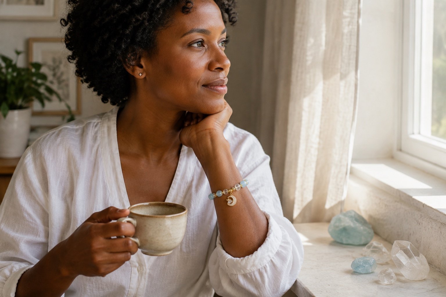 Black woman wearing a pale blue aquamarine and moonstone bracelet beside a sunlit window