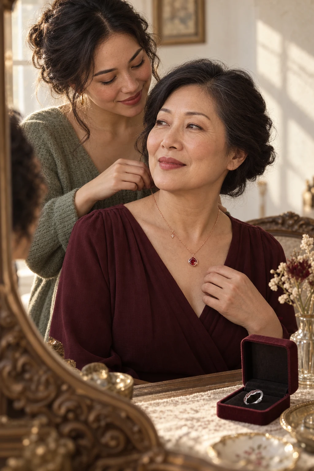Adult daughter fastening a rose-gold zodiac necklace on her mother beside a birthstone ring gift