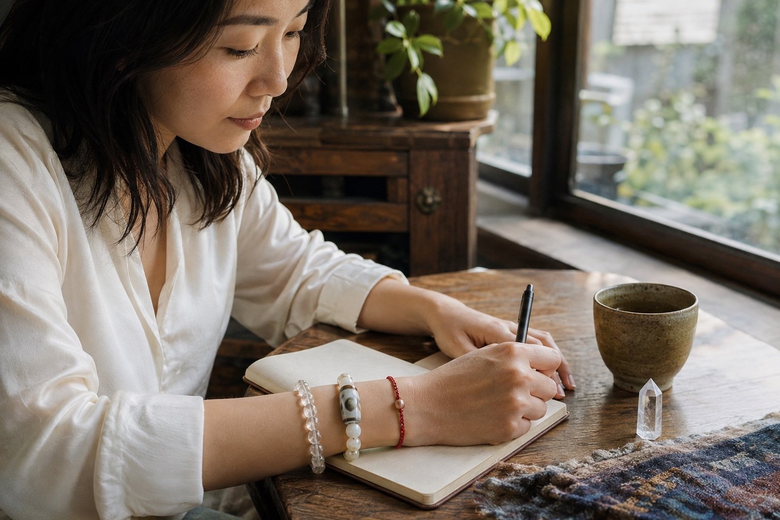 East Asian woman journaling while wearing a red cord, pale Dzi, and clear quartz bracelets