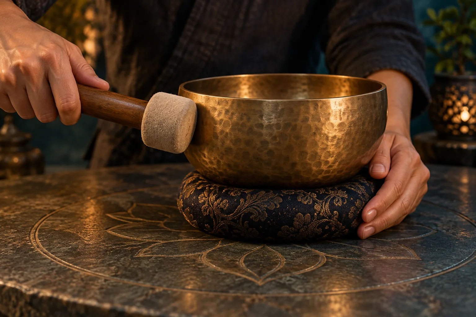 A single metal singing bowl struck on its outer wall