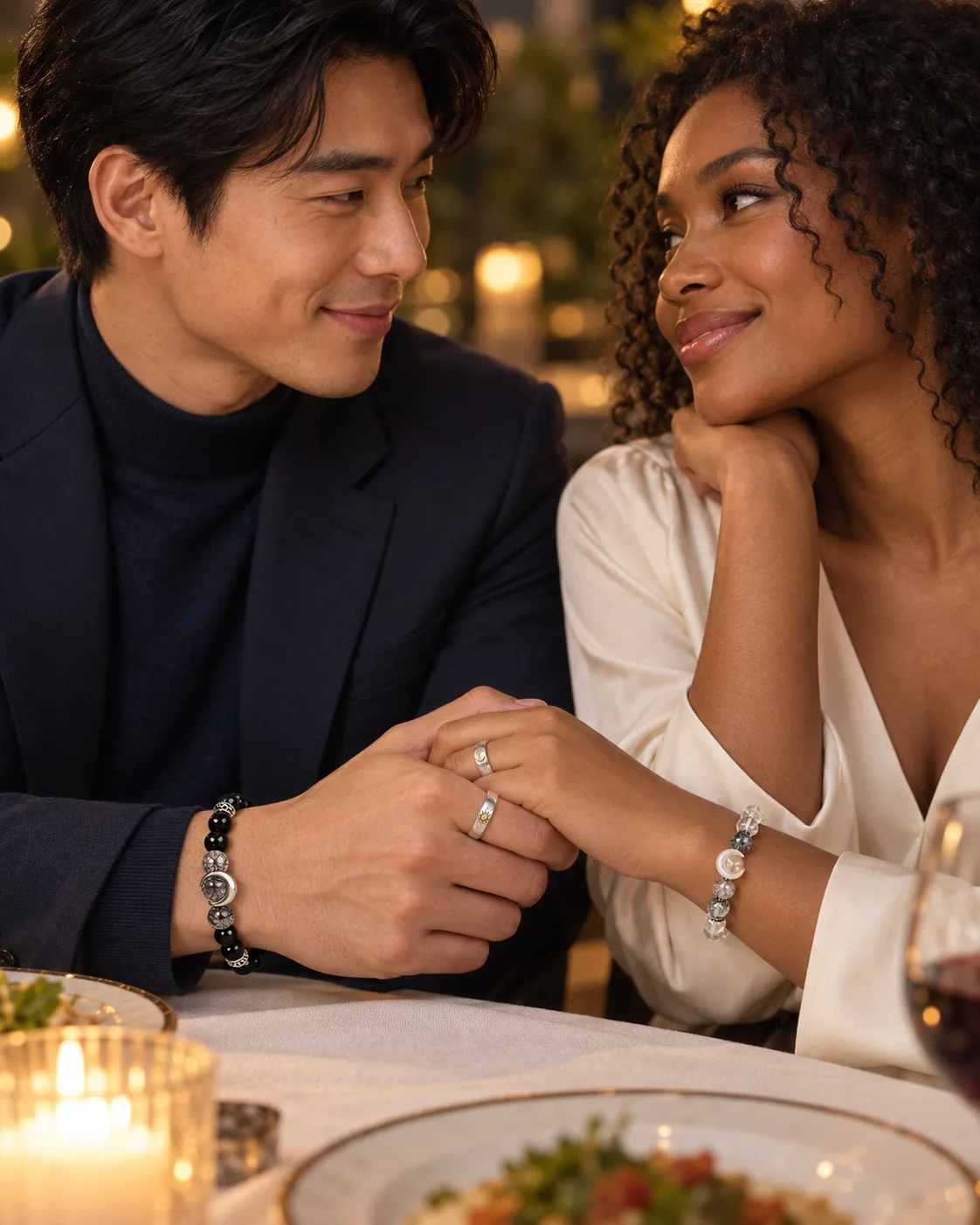 A couple wearing complementary bracelets and rings at dinner