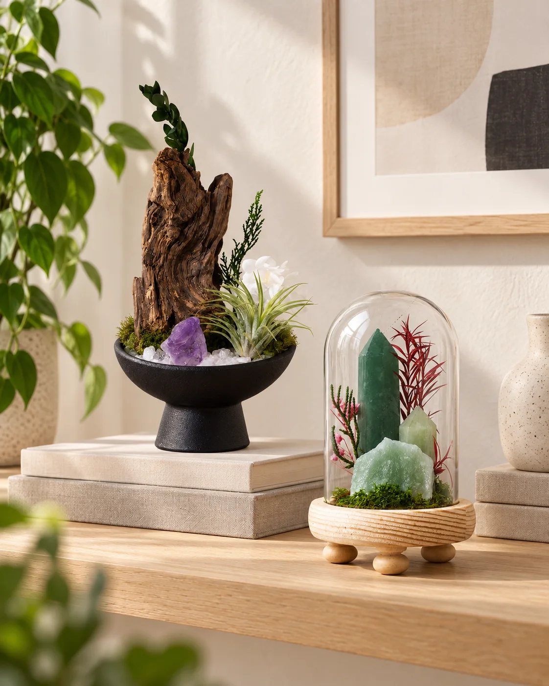 Two crystal garden displays styled on a pale wood shelf