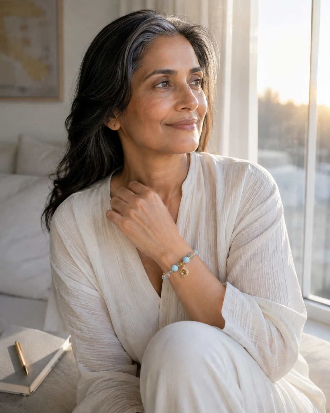 Woman wearing an aquamarine and moonstone bracelet during a three-minute morning intention ritual