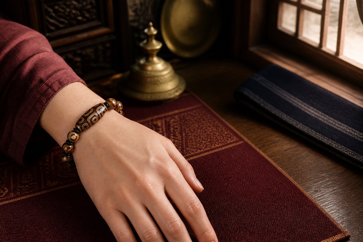 Nine-eye Tibetan Dzi bracelet worn with a burgundy sleeve in warm window light