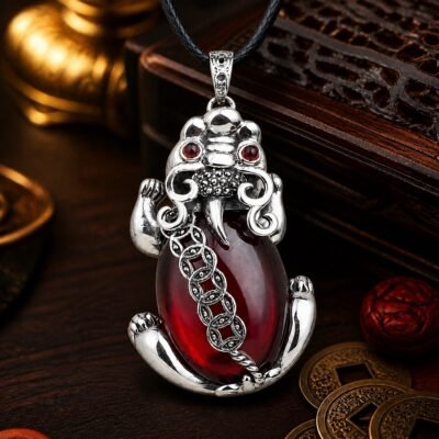 Pixiu Wealth Guardian Necklace with silver pendant on a black leather cord